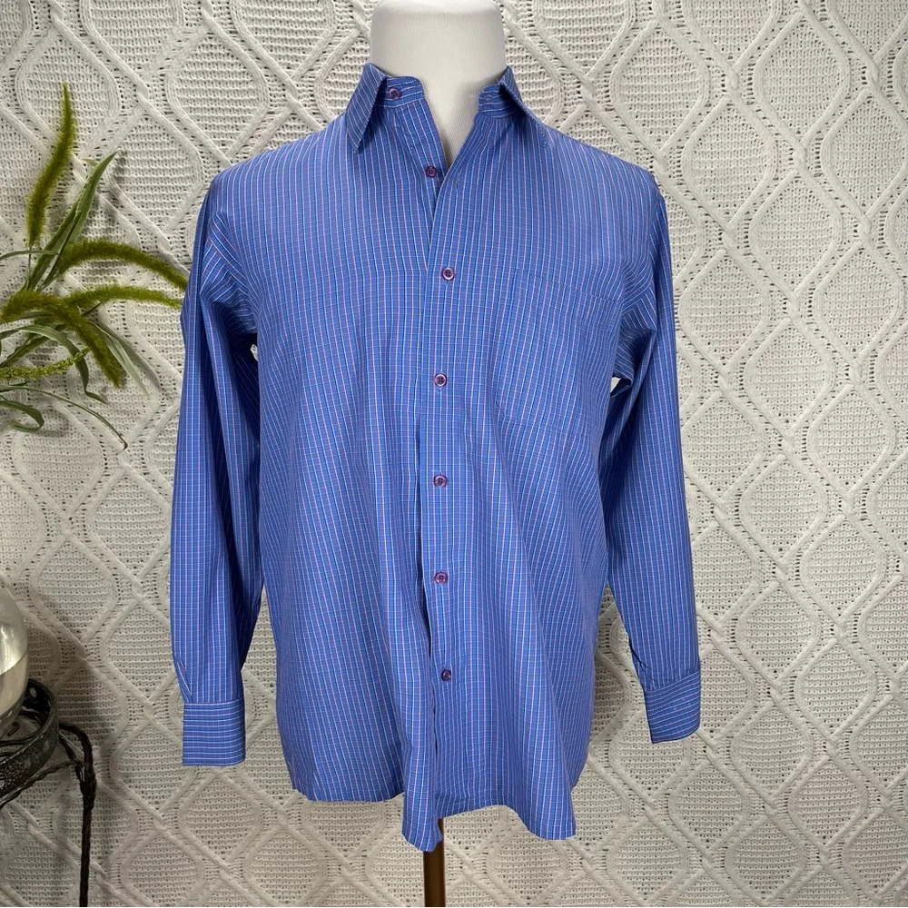 SILKINA‎ | Button Down Men's Dress Shirt Checkered Print Blue 42cm